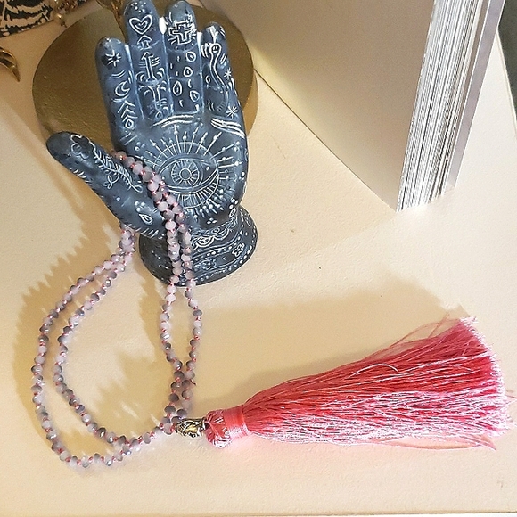 Beautiful Grey Quartz Prayer Beads Hand knotted on Pink Thread w/ Pink  Tassel - Picture 6 of 7